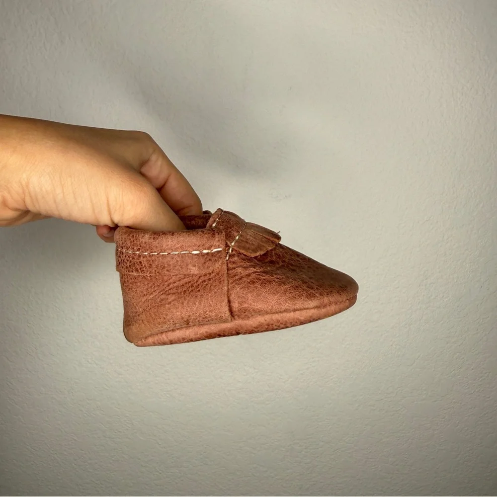 Freshly Picked Brown Clay Leather Fringe Soft Sole Baby Moccasins Size 2